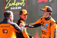 (R-L) Oscar Piastri, Lando Norris, and Zak Brown at Circuit Zandvoort. Source: Getty